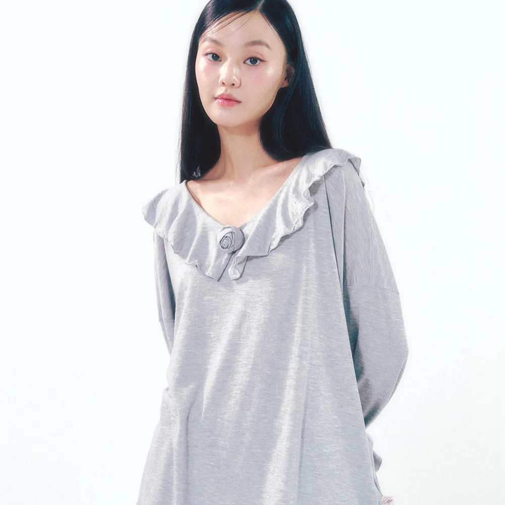 Rose Brooch Frill Long Sleeve Gray
