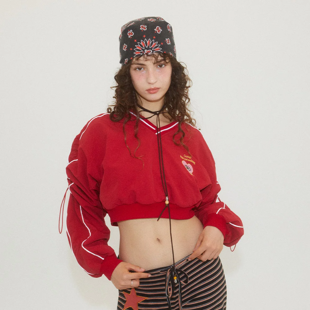 CRYING V-NECK NYLON CROP SWEATSHIRT RED