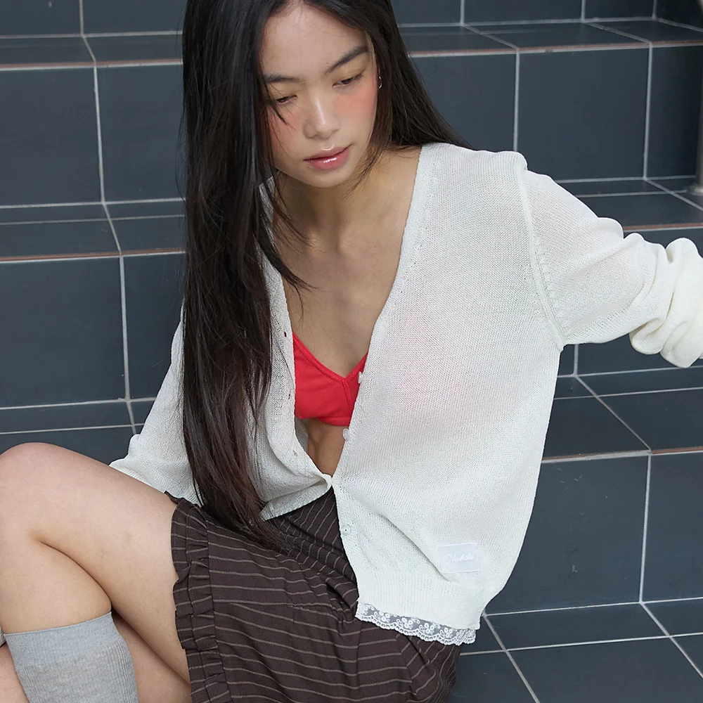 Hem Lace Linen Cardigan Ivory