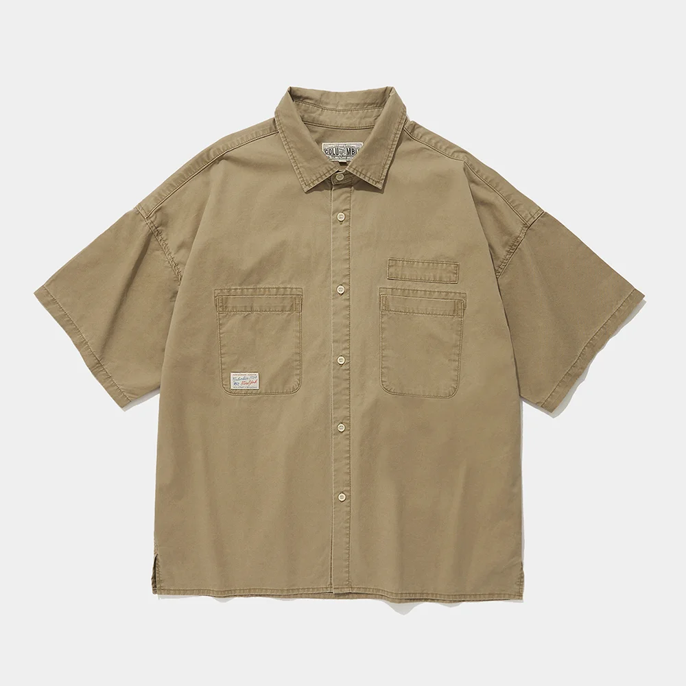 SL-LABEL WASHED BIG POCKET TWILL S/S SHIRTS_BEIGE