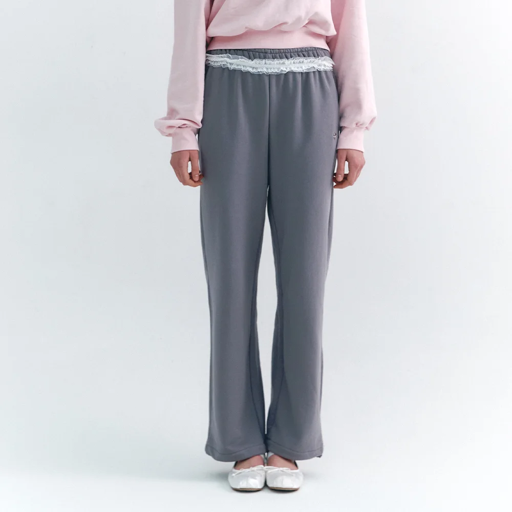 Lace Trimming Easy Pants Charcoal