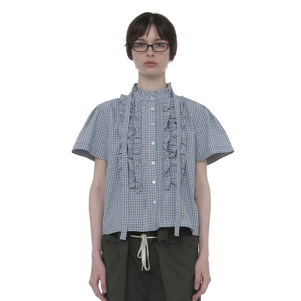 SCARF RUFFLE PINTUCK BLOUSE_SKY CHECK