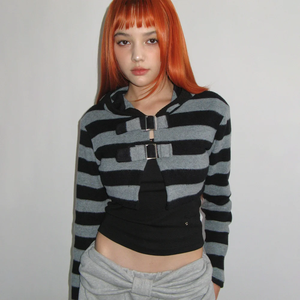 STRIPED BUCKLE HOODED BOLERO_BLACK