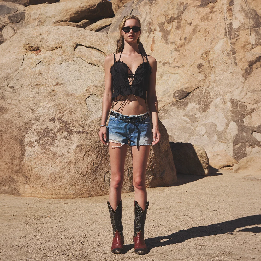LOW-RISE DESTROYED DENIM SHORTS BLUE