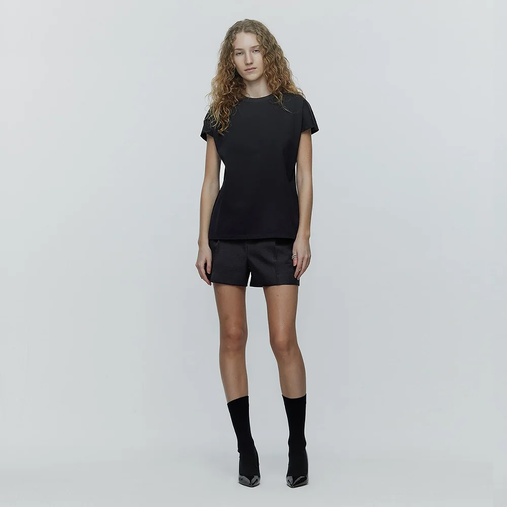 HIGH-WAISTED MATELASSE SHORTS_BLACK