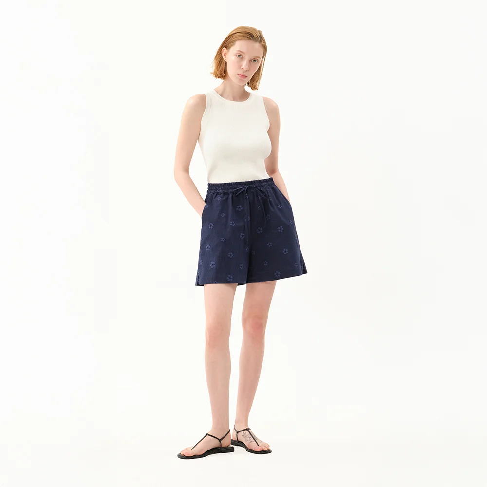 floral seersucker shorts_navy