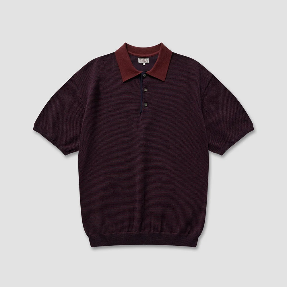Half-Open Collar Short-Sleeved Stripe Knit (Navy)