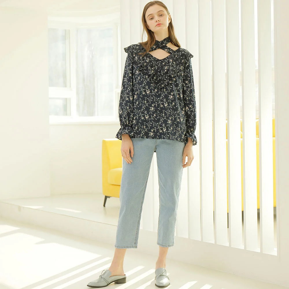 FLORAL CHIFFON SCARF BLOUSE_NAVY