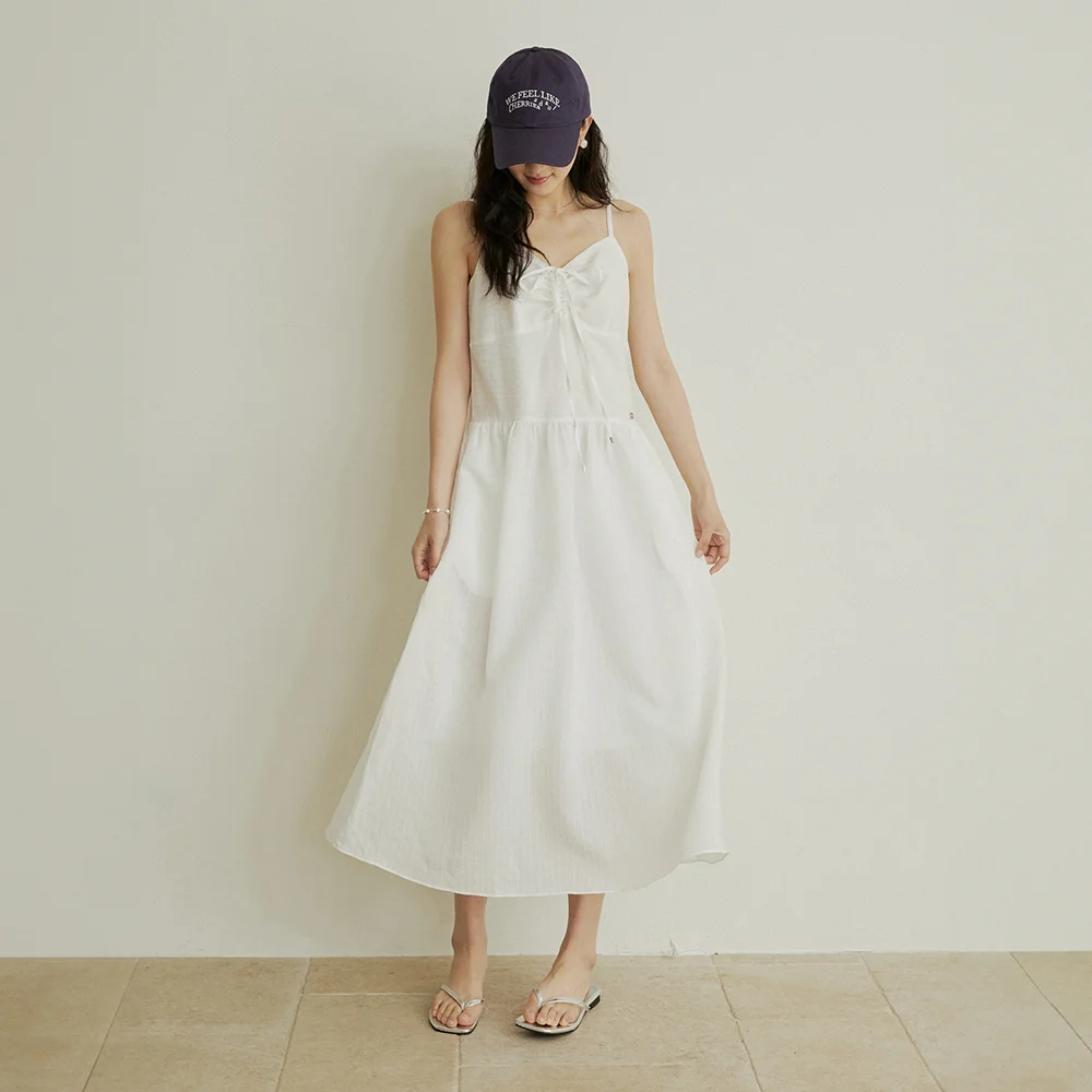 Front drawstring sleeveless long dress - white
