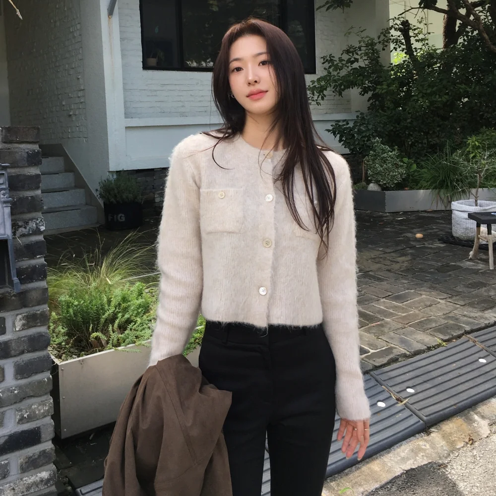 HAIRY WOOL KNIT CARDIGAN OATMEAL BEIGE