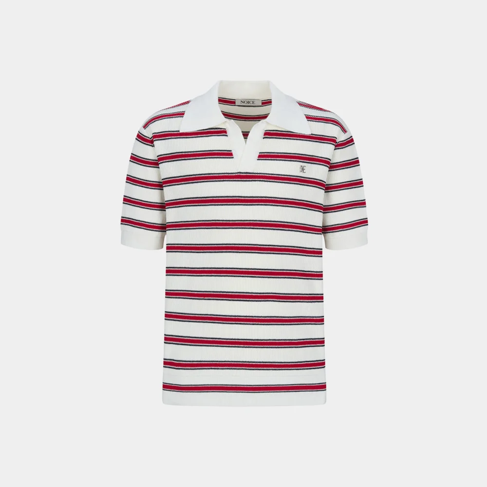 (M) STRIPED KNIT POLO SHIRT - IVORY