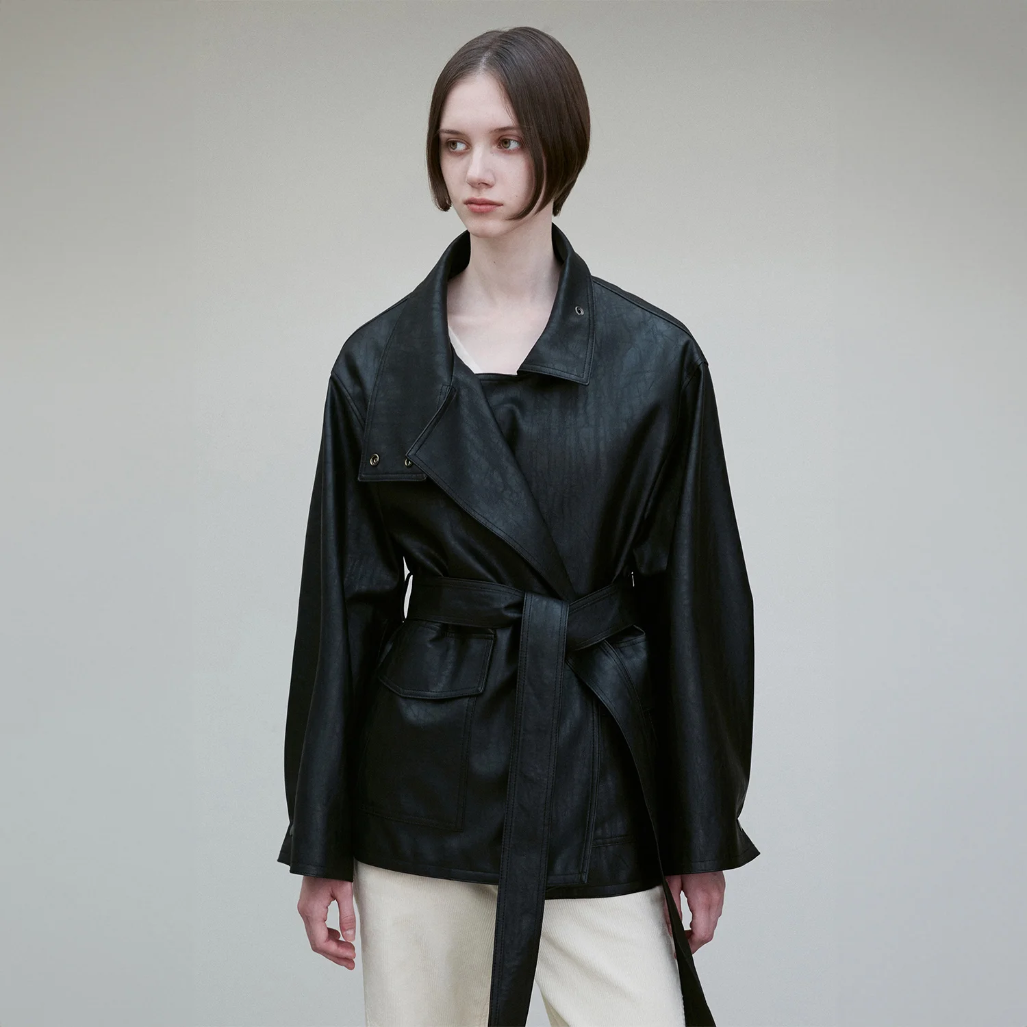FUNNEL NECK TIE WAIST VEGAN LEATHER JACKET BLACK