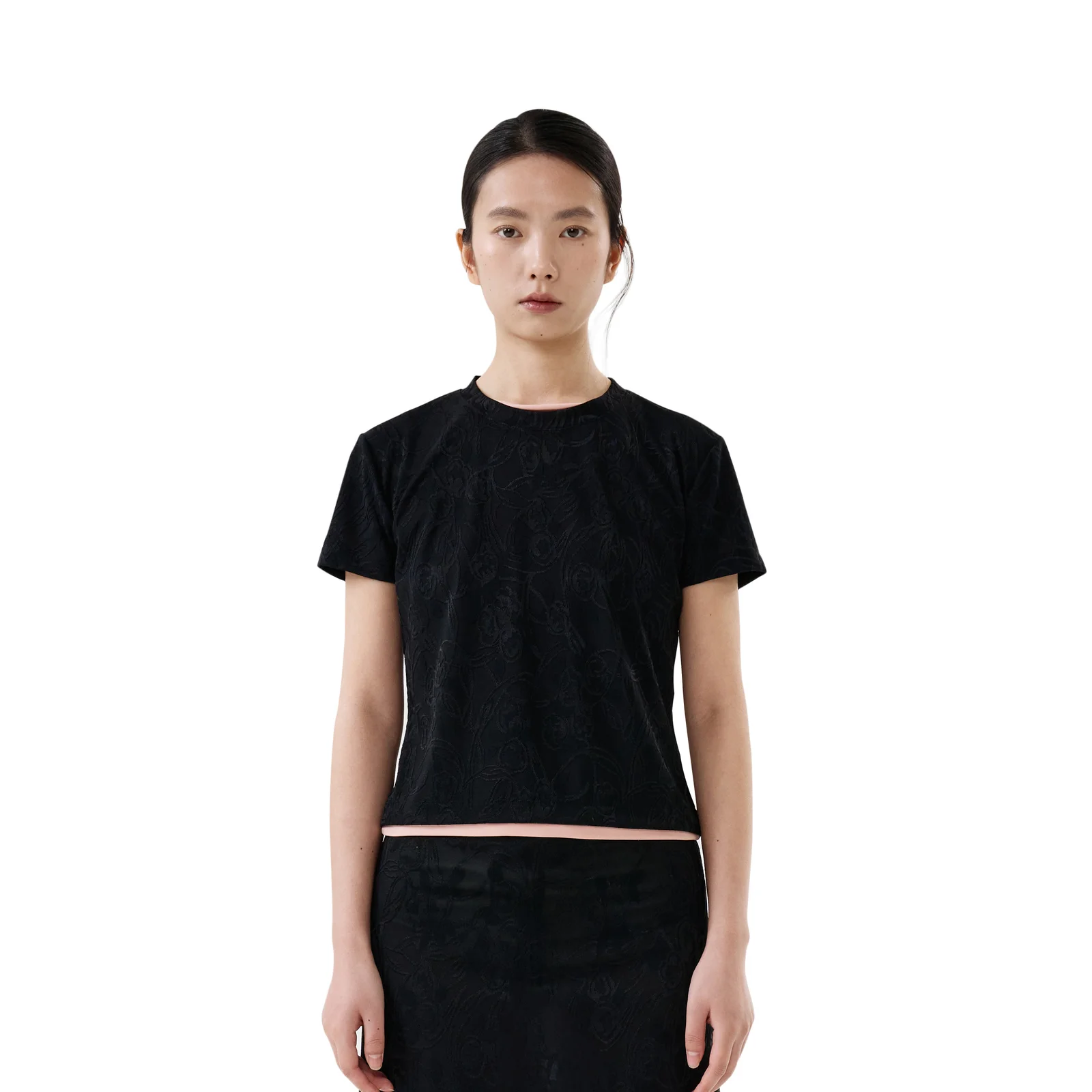 FLORAL JACQUARD HALF-SLEEVE TOP (BLACK)