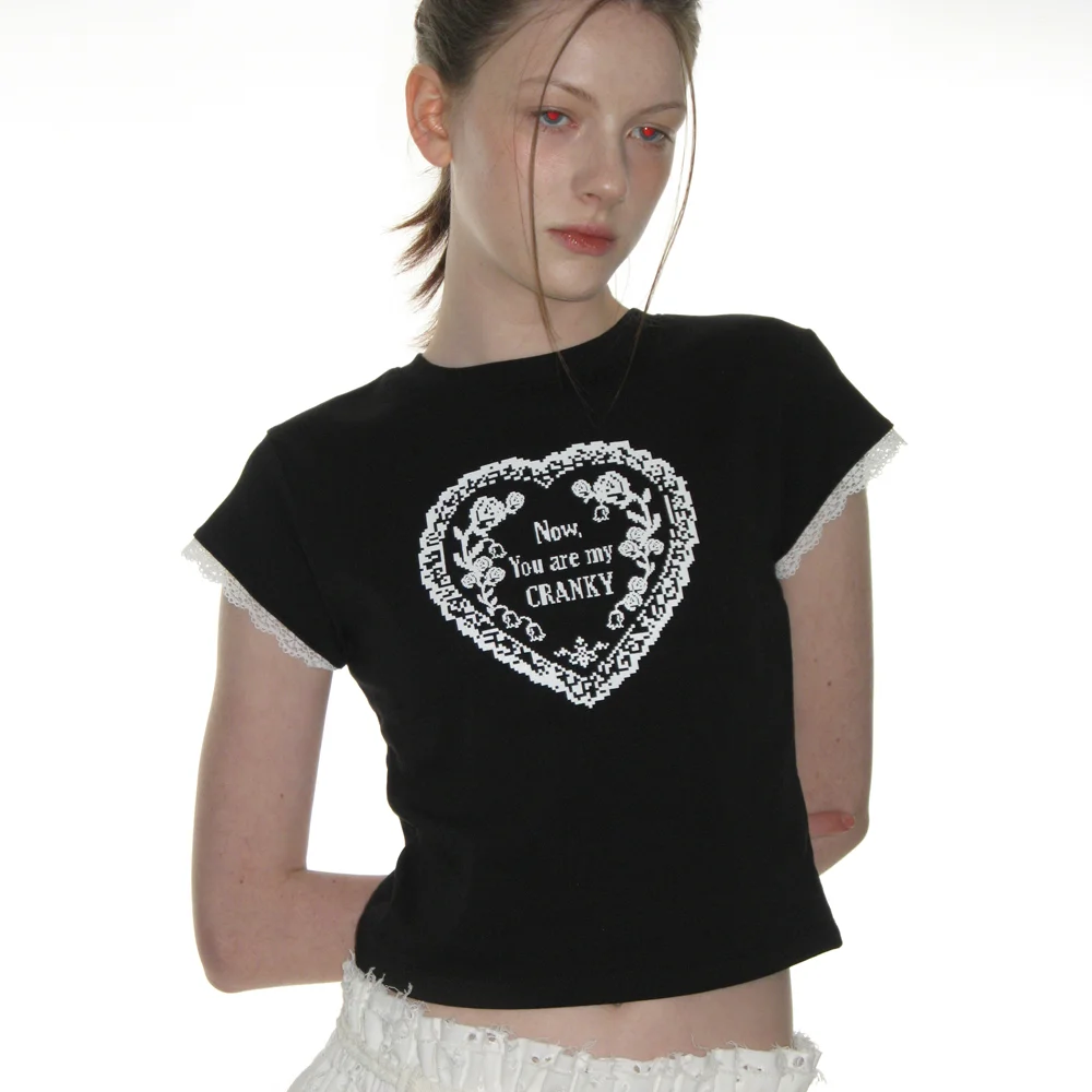 LACE HEART PRINTING TOP_BLACK