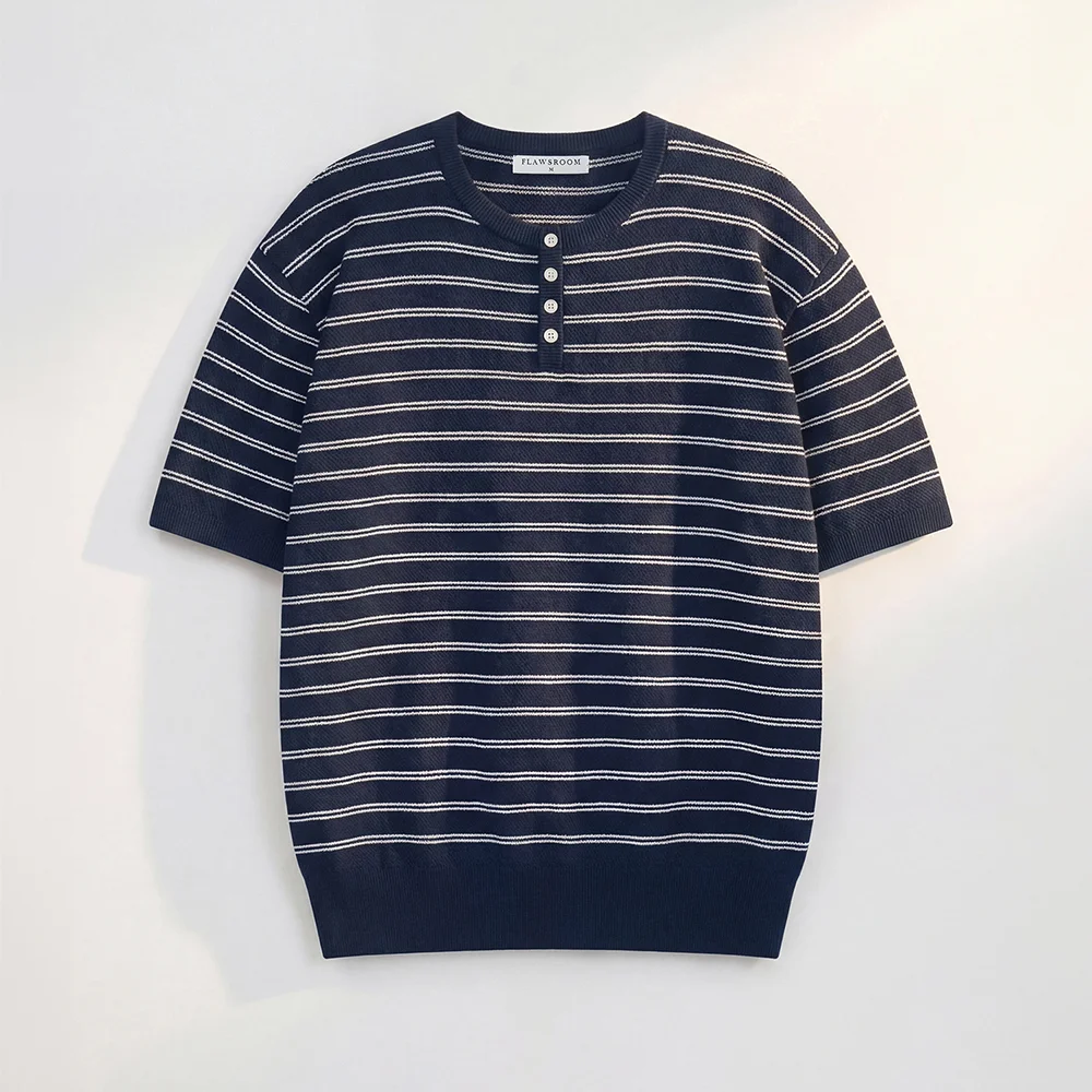 Stripe Henleyneck Cotton Knit NAVY