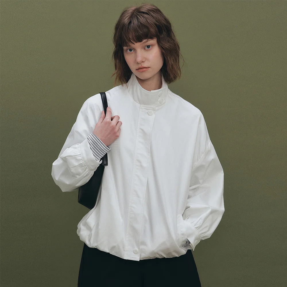 高領 純棉 短身外套 外套 - 象牙色