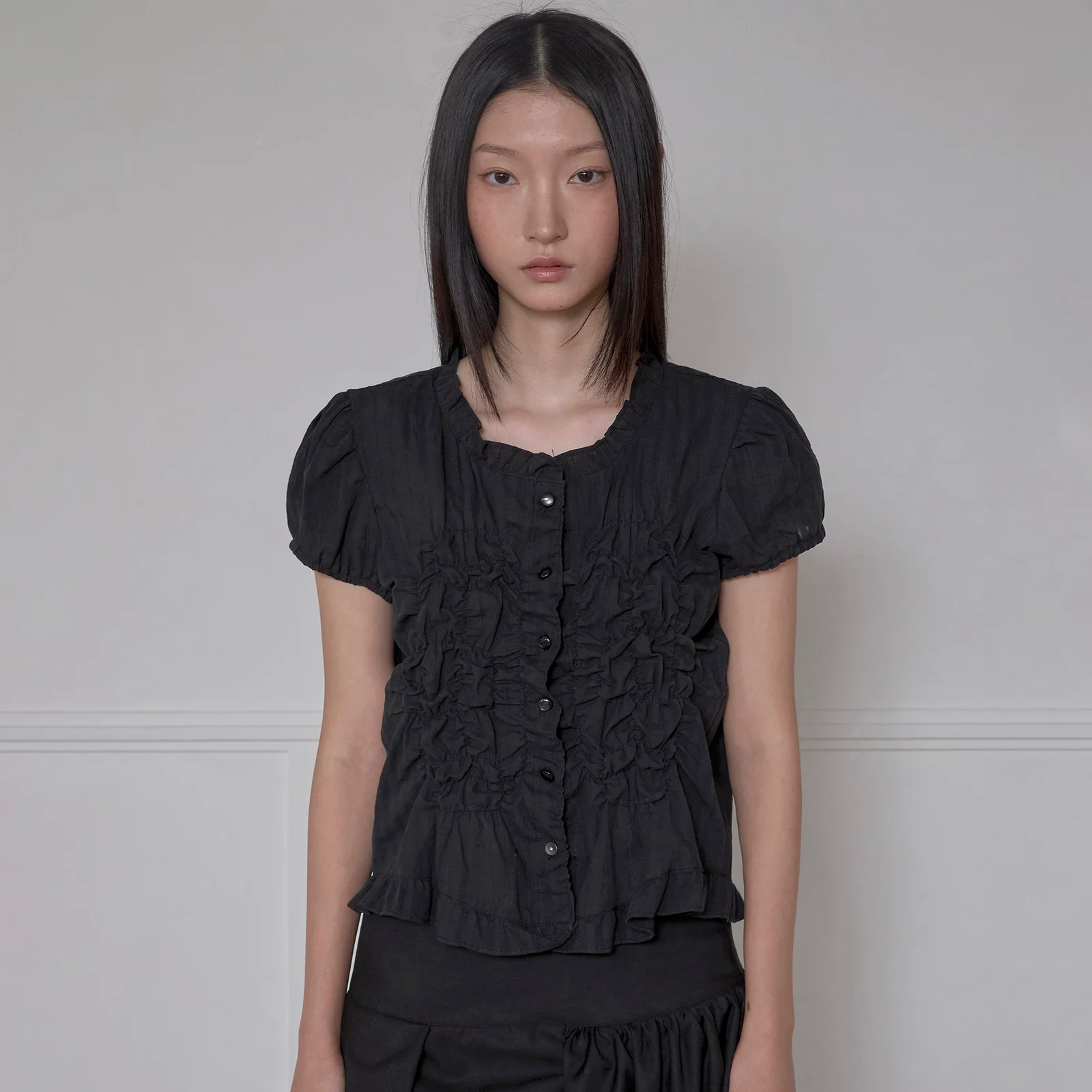 Saya Frill Puff Blouse (FL-180_Black)