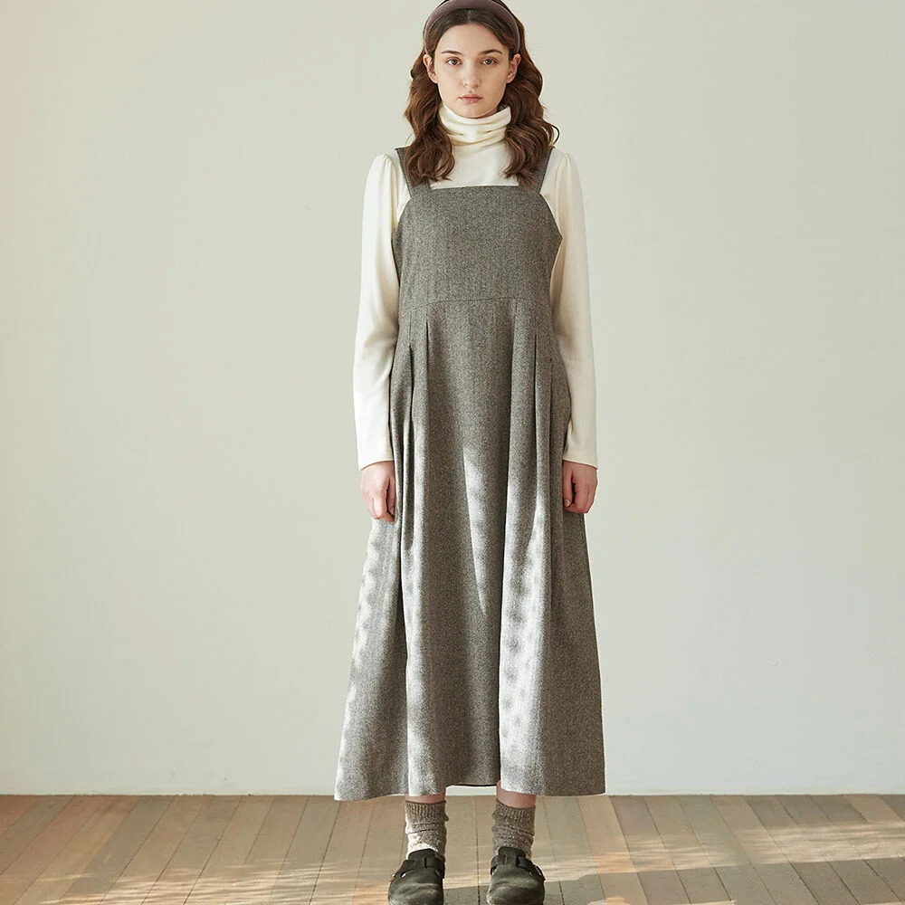 Herringbone Wool Blend Dress - Brown