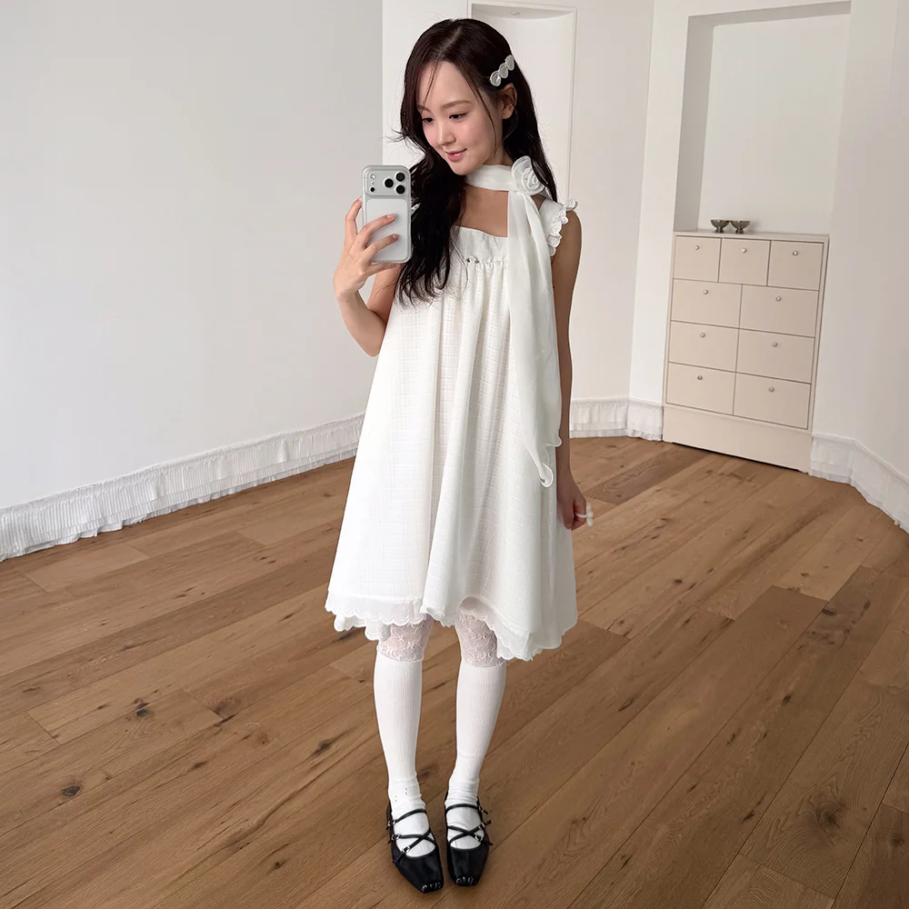 CHECK BABYDOLL DRESS_WHITE