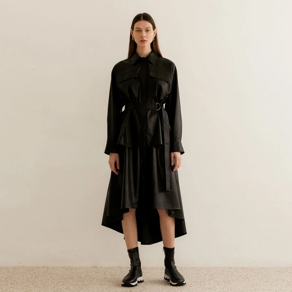 LONG FLARE ARTIFICIAL LEATHER SKIRT - BLACK