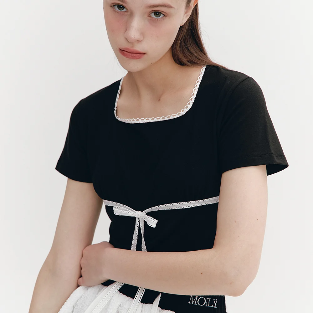 Lace Ribbon Shirring Top Black