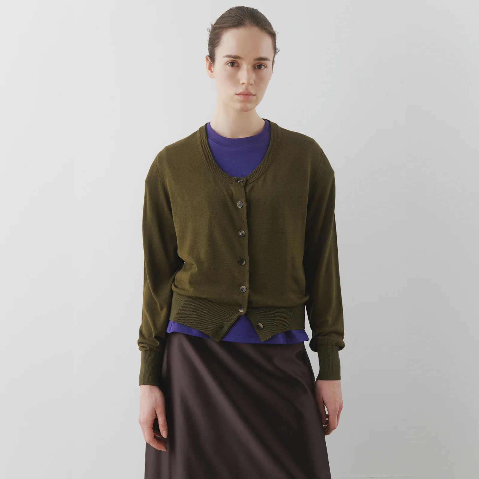 U-Neck Knit Cardigan in Deep Khaki