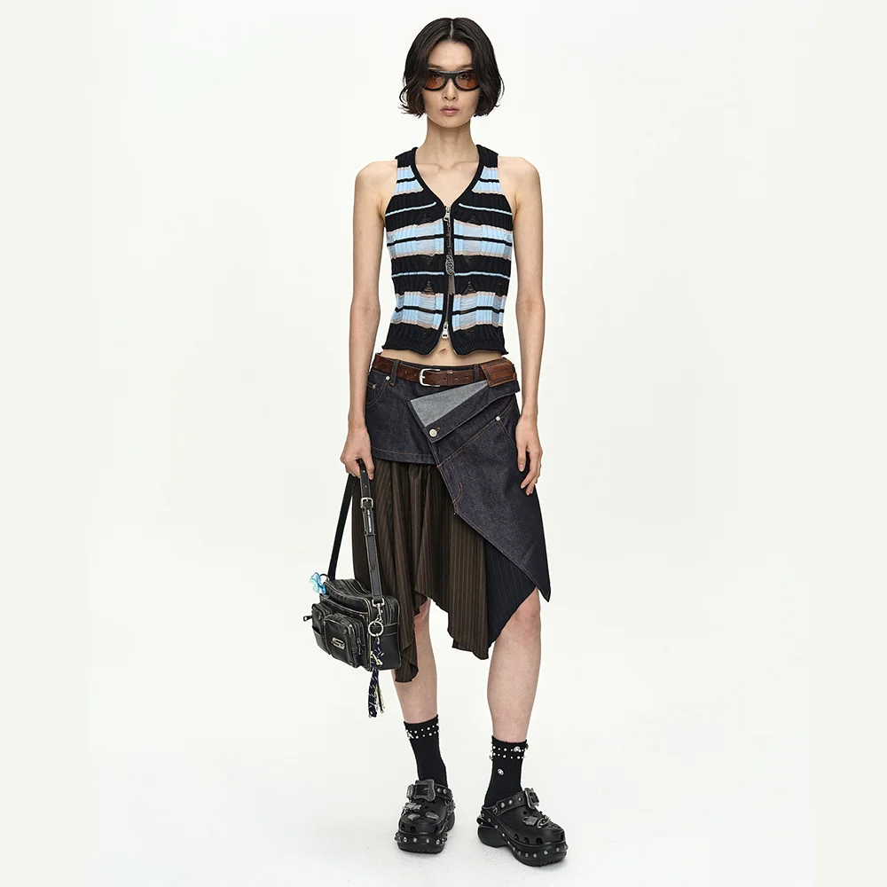 RIGID TURN-OVER ASYMMETRIC SKIRT apa913w(NAVY/BROWN)