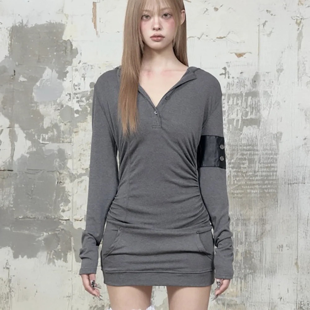 Hood Layer Shirring Mini One-Piece (Melange Gray))