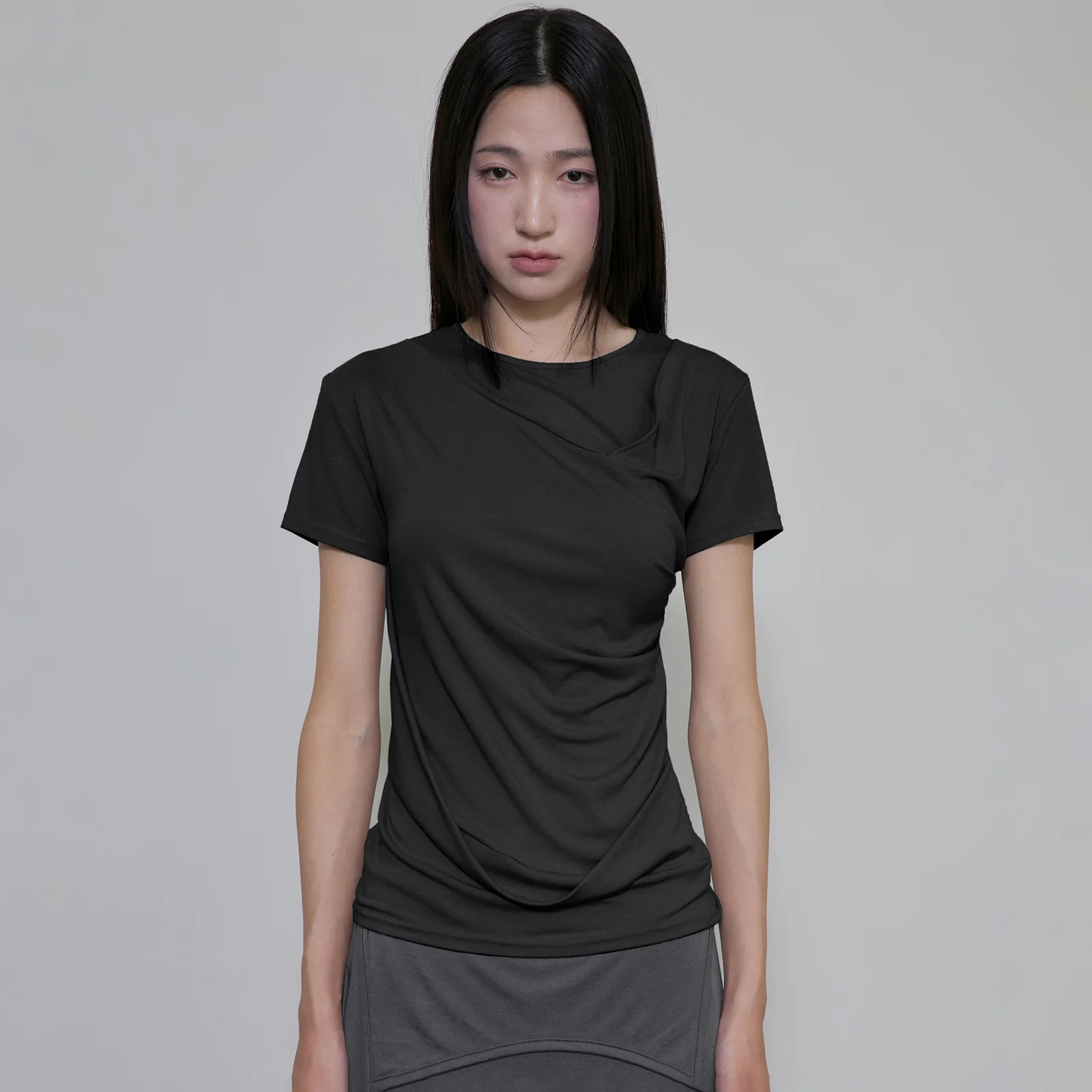 Asymmetrical Draped T-Shirt (FL-147_Black)