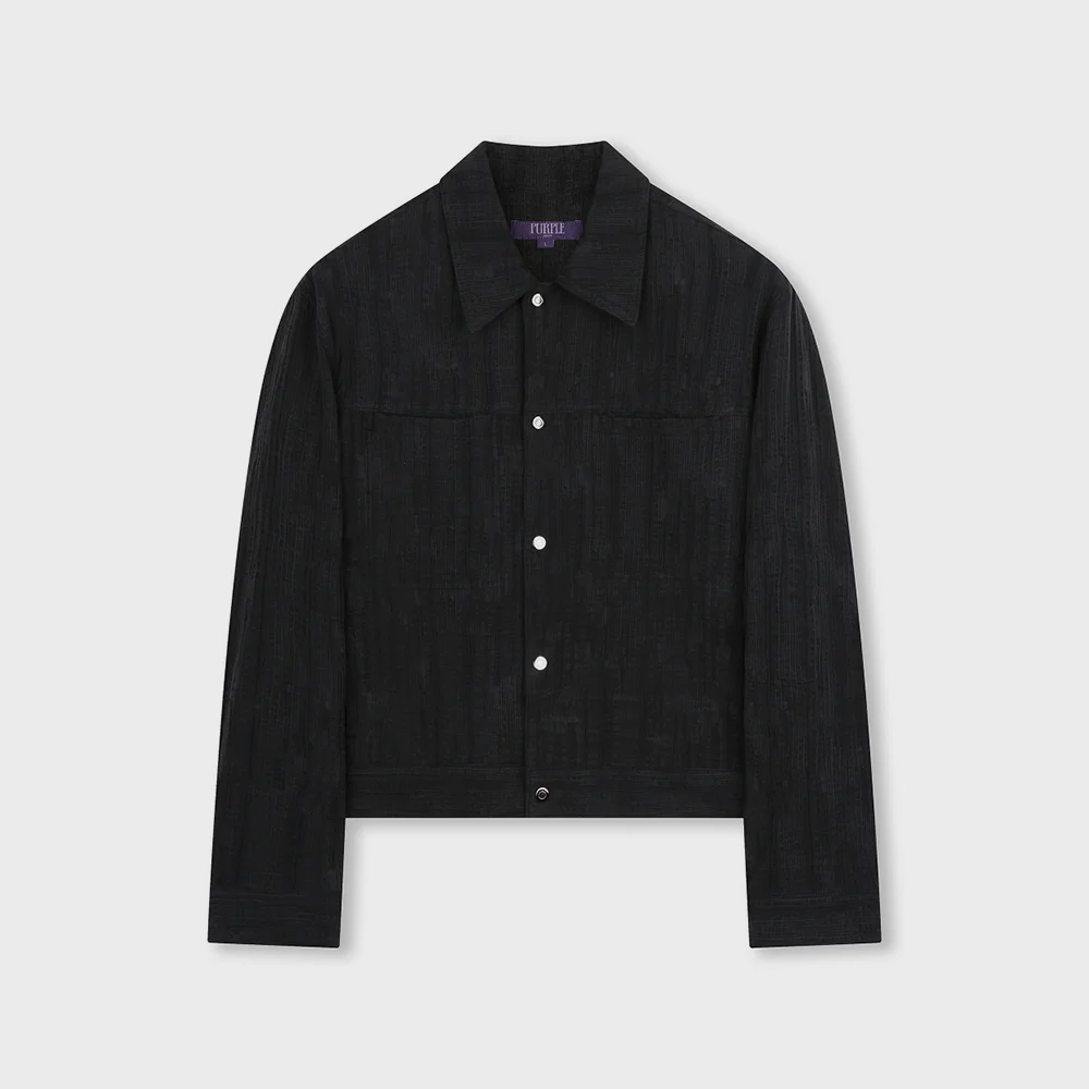 WASHED LINEN JACQUARD WORK JACKET BLACK