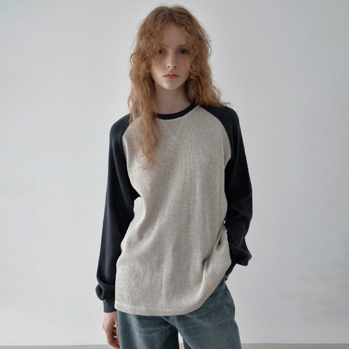 Multi raglan waffle t-shirt (oatmeal+navy)