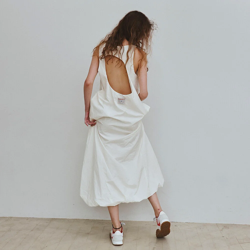 Crunch shirring long dress / Ivory