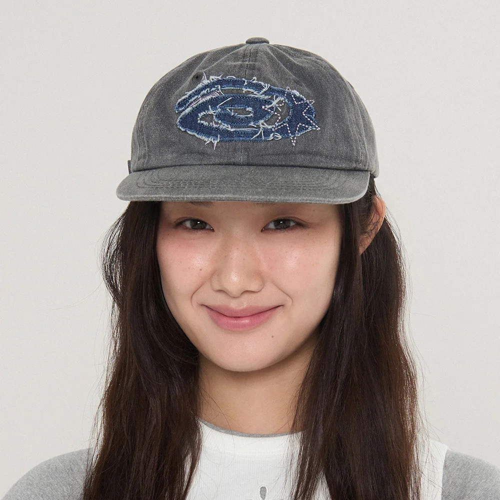 Denim Applique Washed Ball Cap_Charcoal