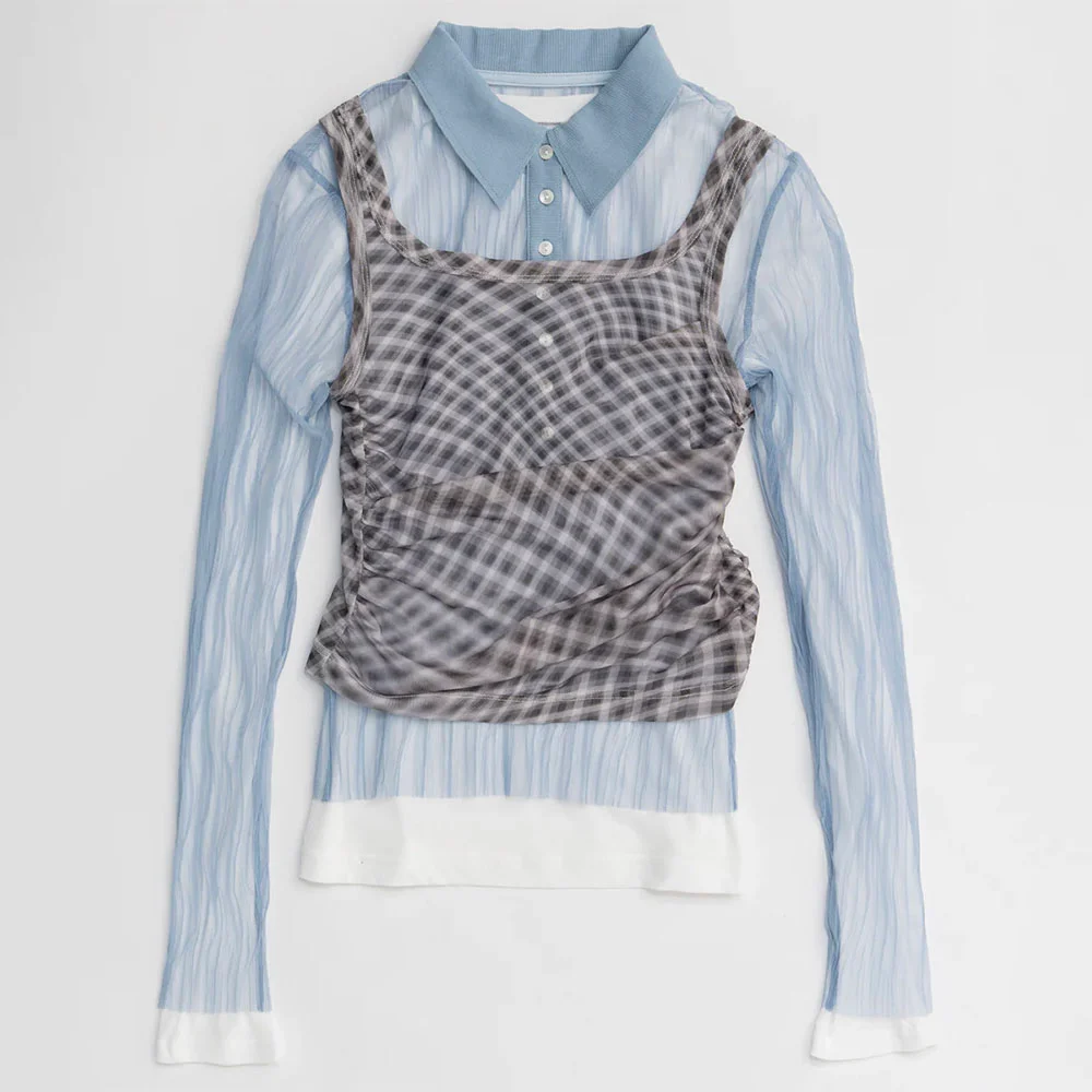 (W) THREE-PIECE SHEER POLO TOP (BLU)