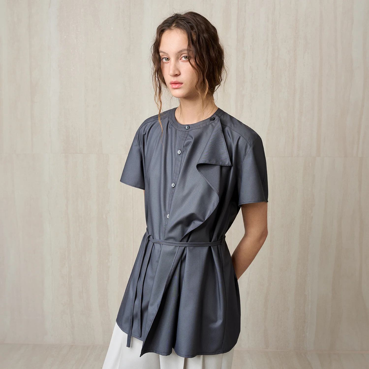 RUFFLE DETAIL SHIRT BLOUSE CHARCOAL