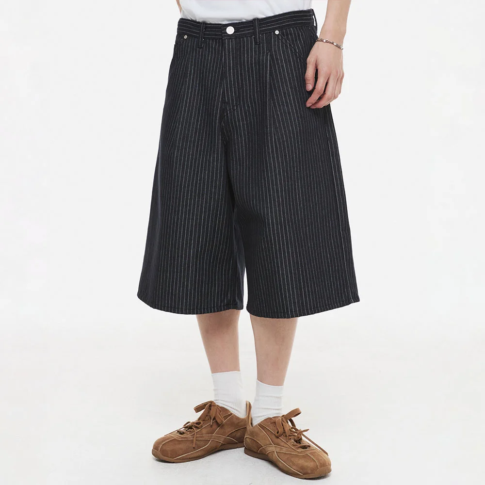 細條紋 條紋 百慕達 牛仔 褲子 靛藍