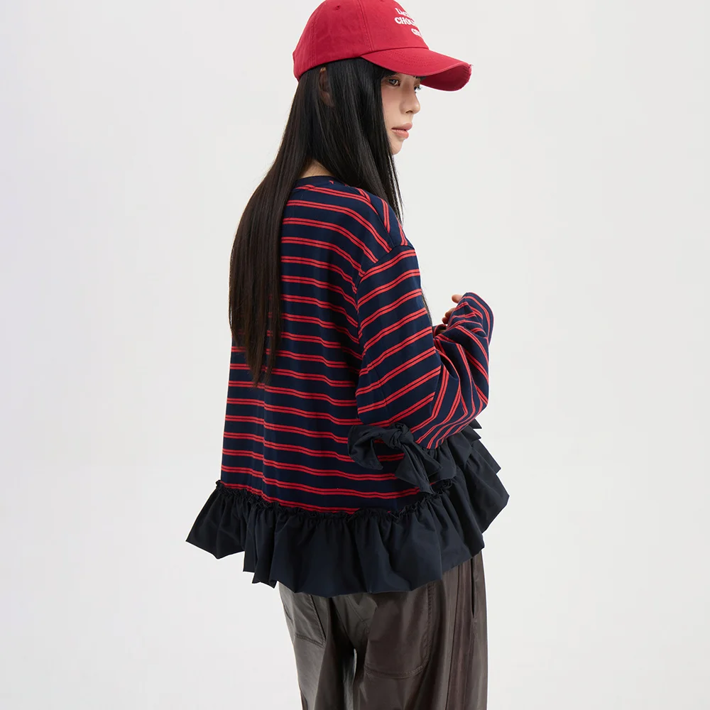 Frill Point Solid/Stripe Long Sleeve T-shirt (dark navy) LFTAW25240NYD