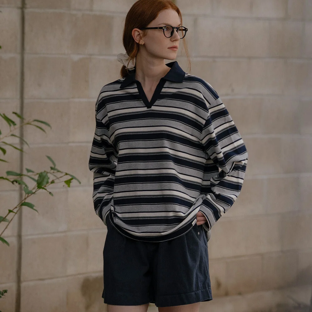 Stripe overfit collar longsleeve T-shirt _Navy