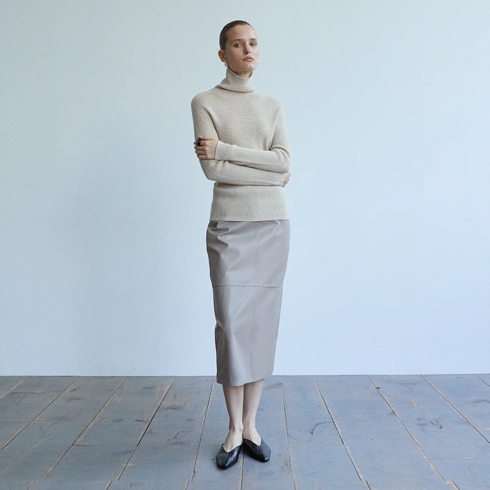 Lambskin Straight midi Skirt_Mist Taupe