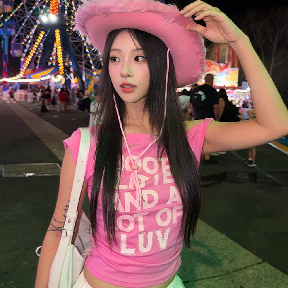 TWIST UNBALANCE LETTERING T-SHIRT PINK
