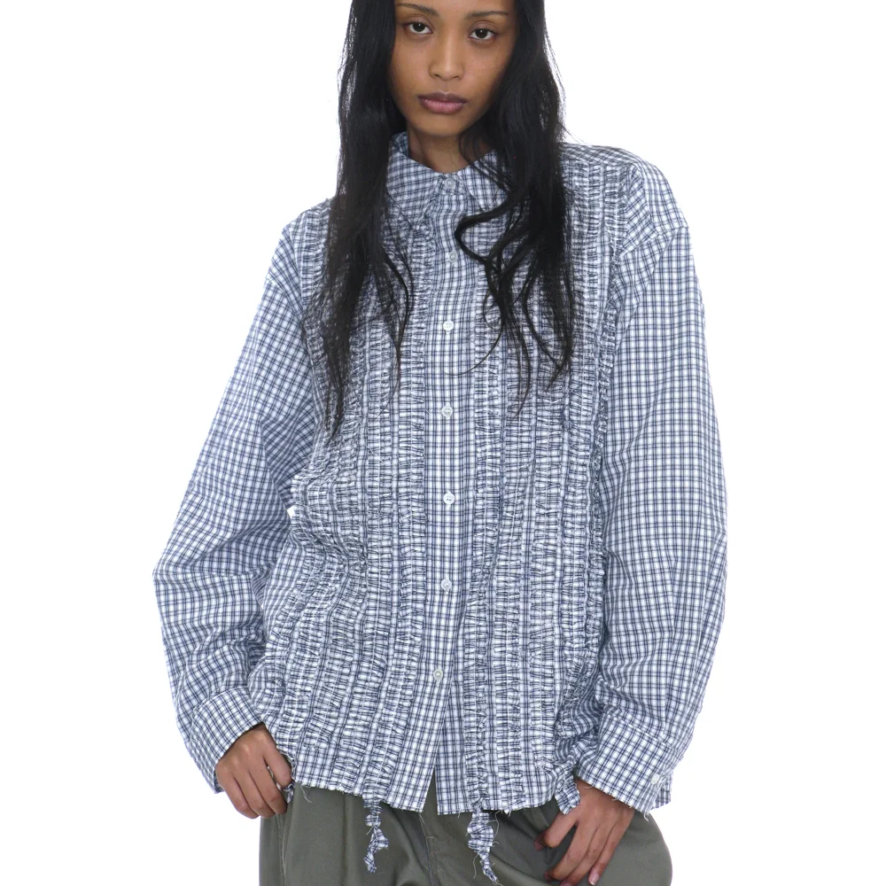 CUT-OFF FRILL TRIM SHIRT_WHITE CHECK