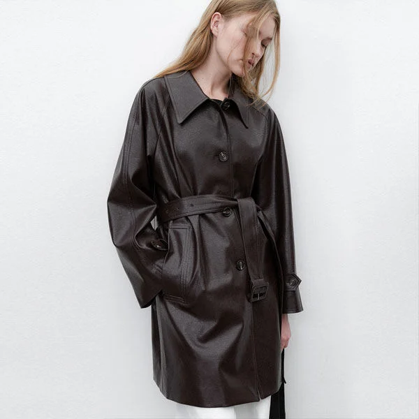 (CT-1464)LEATHER RAGLAN BELTED HALF COAT S