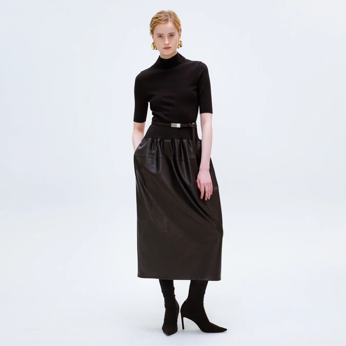 KNIT FAUX LEATHER MIXED DRESS_BLACK