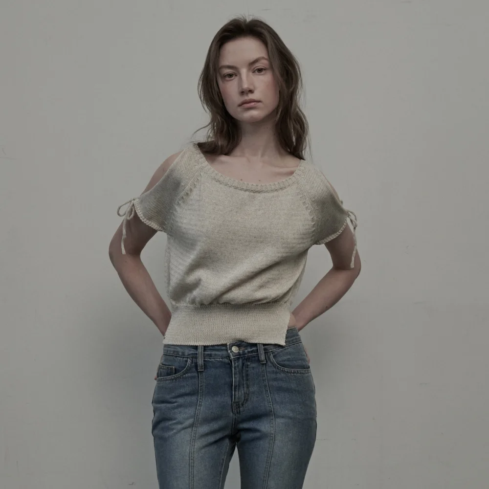 Ribbon Grace Knit Top - Beige