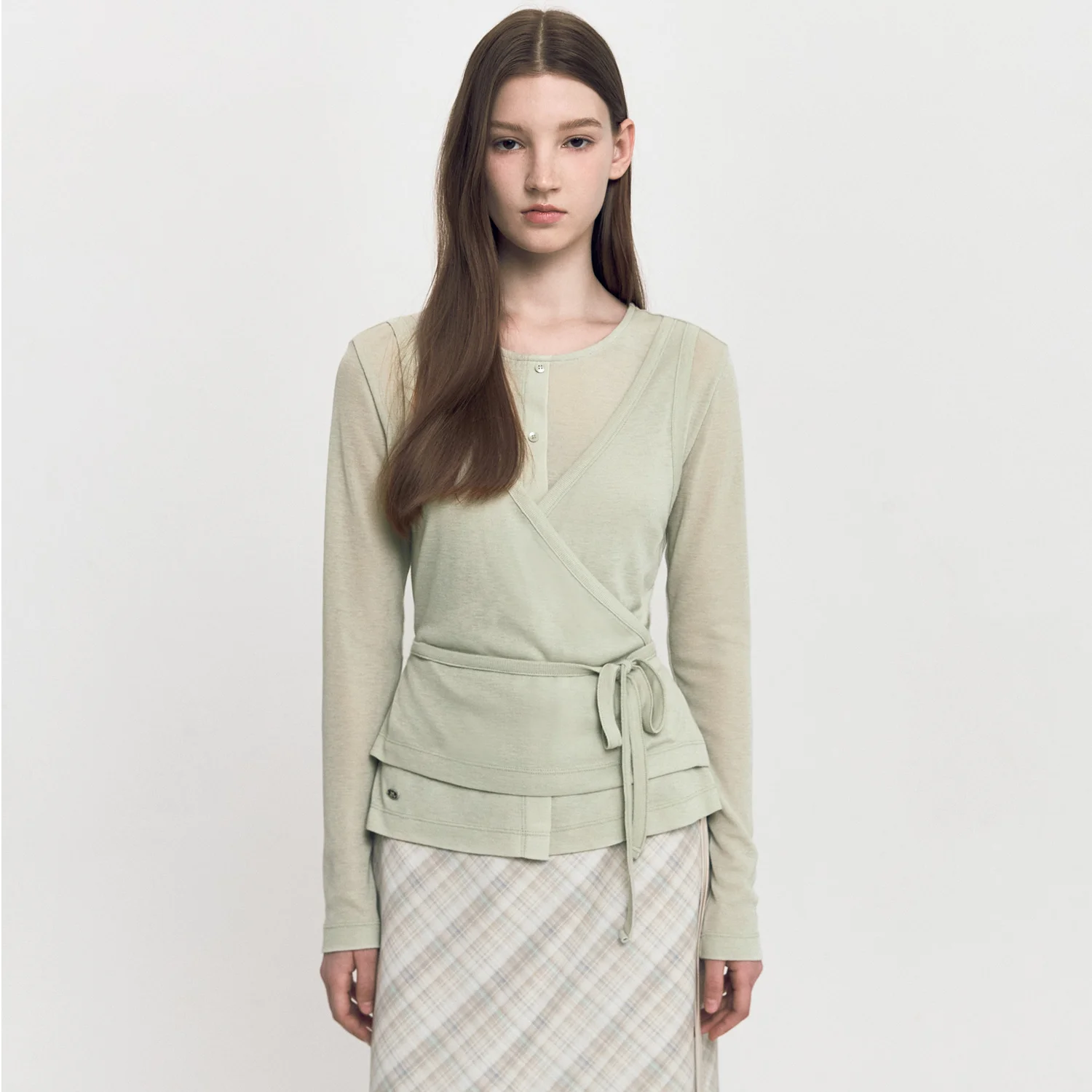 Crew-neck Wrap Bustier 2 in 1 Cardigan GREEN