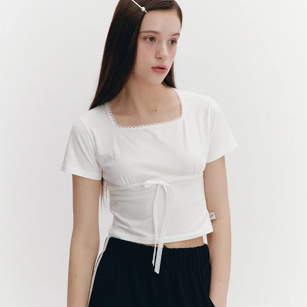 Lace Ribbon Shirring Top Ivory