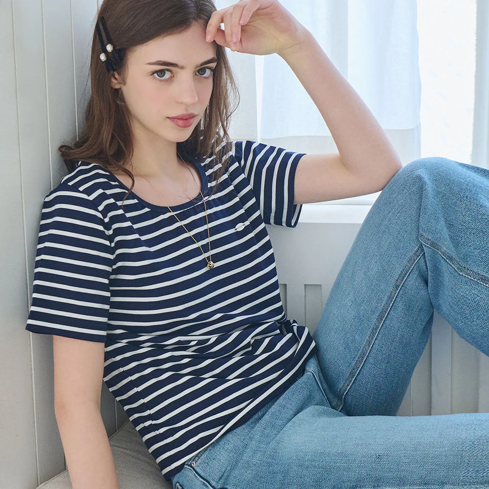 U neck stripe short sleeve t-shirt - Navy