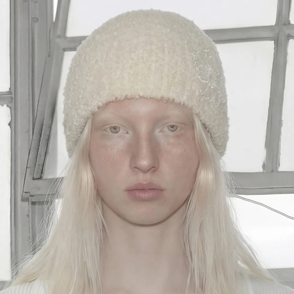 花卉 裝飾 馬海毛 圈圈紗 冬季 單片裝 長版冷帽 FLOWER SINGLE BEANIE / MOHAIR BOUCLE / CREAM