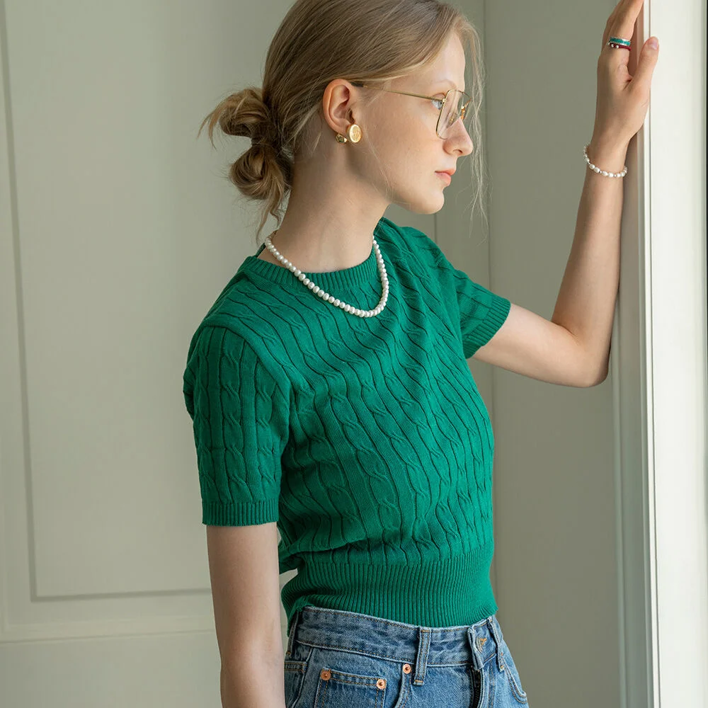 SIKN2029 cotton crop cable knit_Green