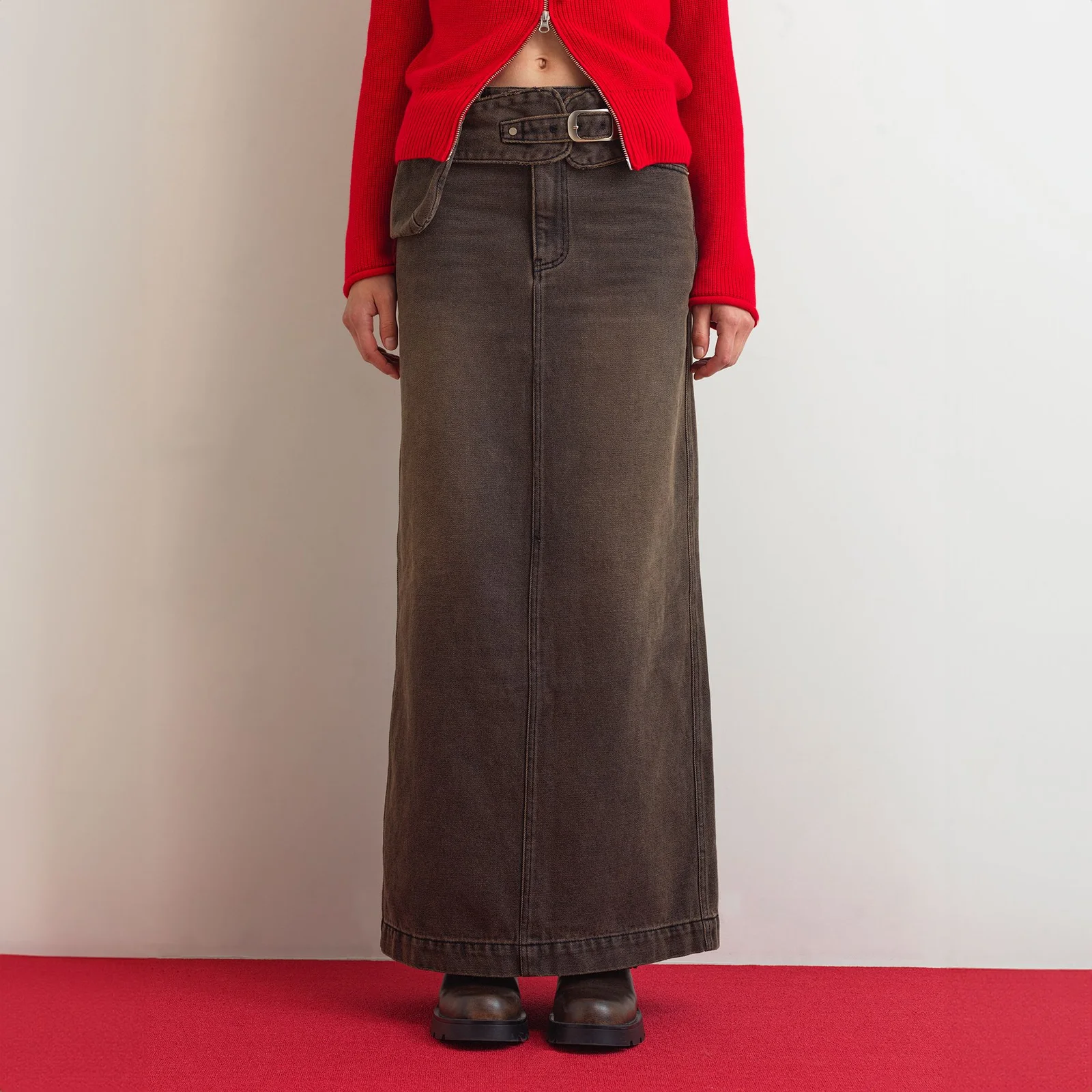 DENIM LONG SKIRT - BROWN